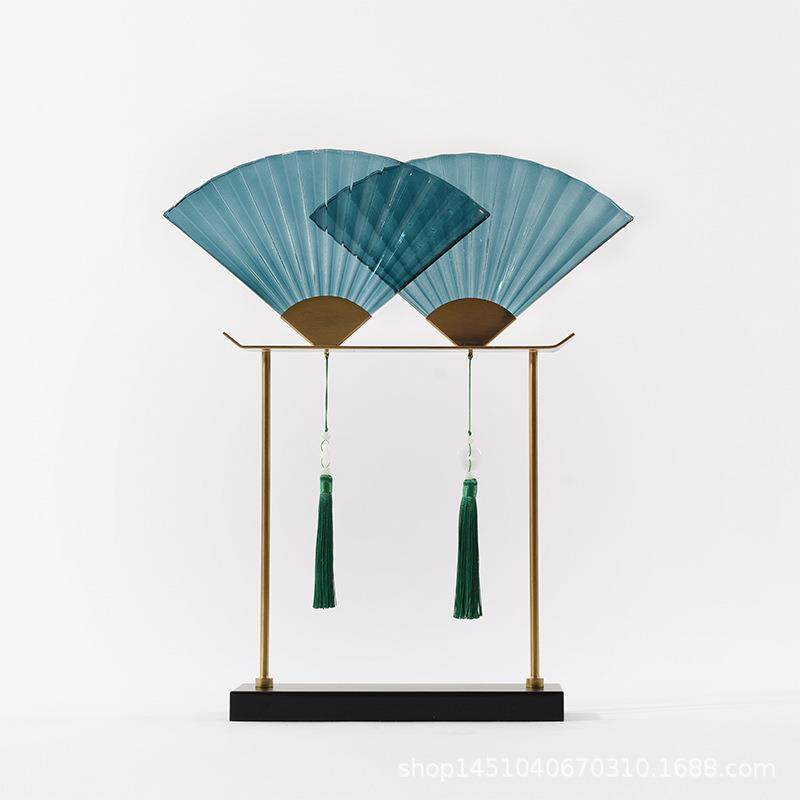 现代新中式翠绿玻璃扇形家居摆件新古典客厅电视柜酒柜禅意装饰品,家居饰品,装饰摆件,淘宝优惠券,粉丝福利购,淘宝优惠卷
