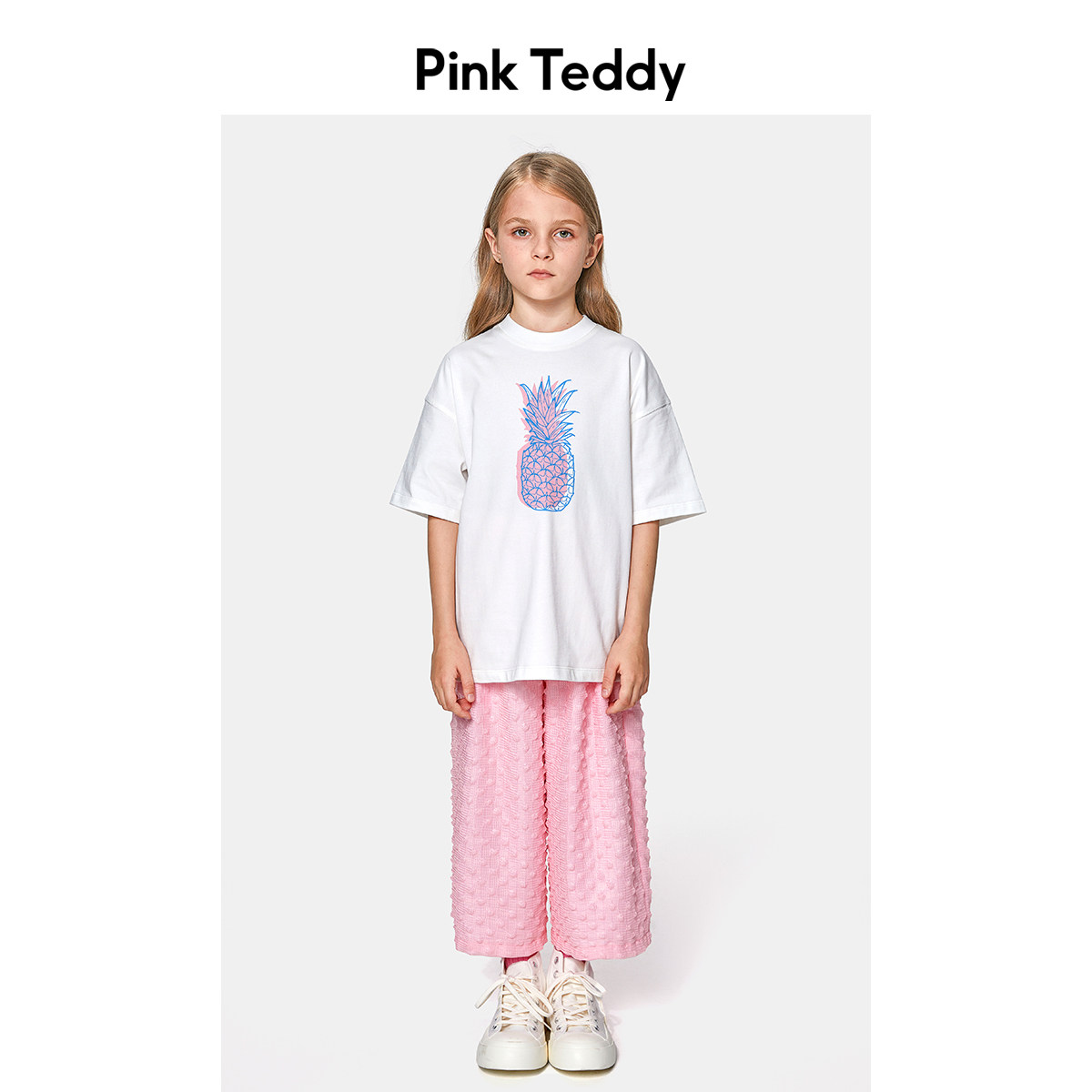 PinkTeddy童装女童白色短袖T恤夏装菠萝印花儿童纯棉宽松圆领上衣