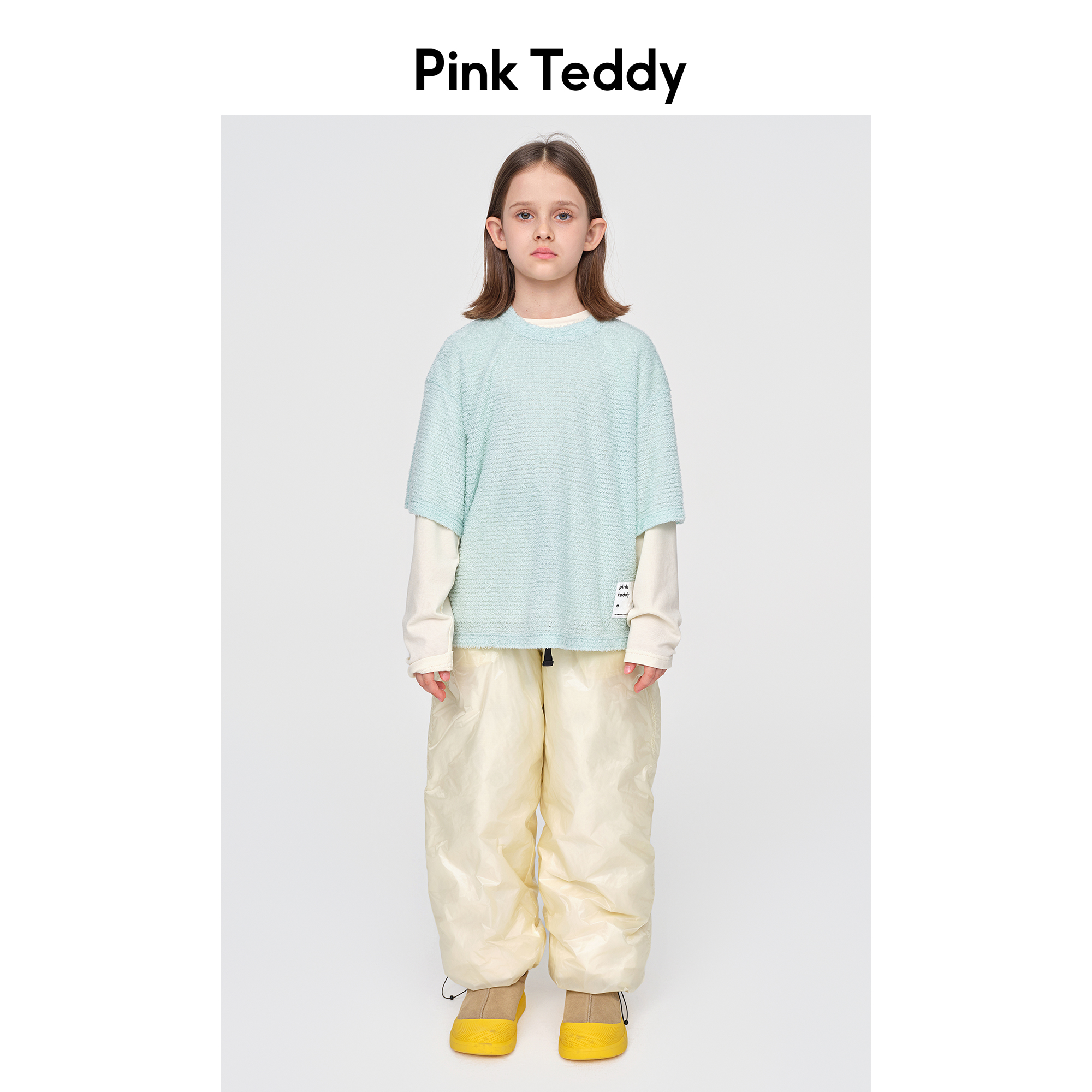 PinkTeddy童装儿童短袖P绒T恤秋冬季女童绿色内搭圆领打底衫