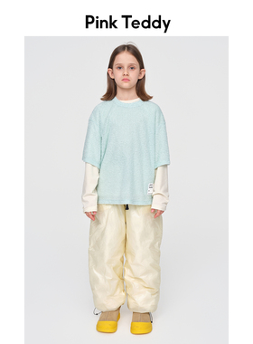 PinkTeddy童装儿童短袖P绒T恤秋冬季女童绿色内搭圆领打底衫