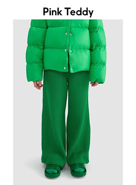 PinkTeddy童装儿童绿色裤子秋冬季新款男女童装仿毛织直筒拖地裤
