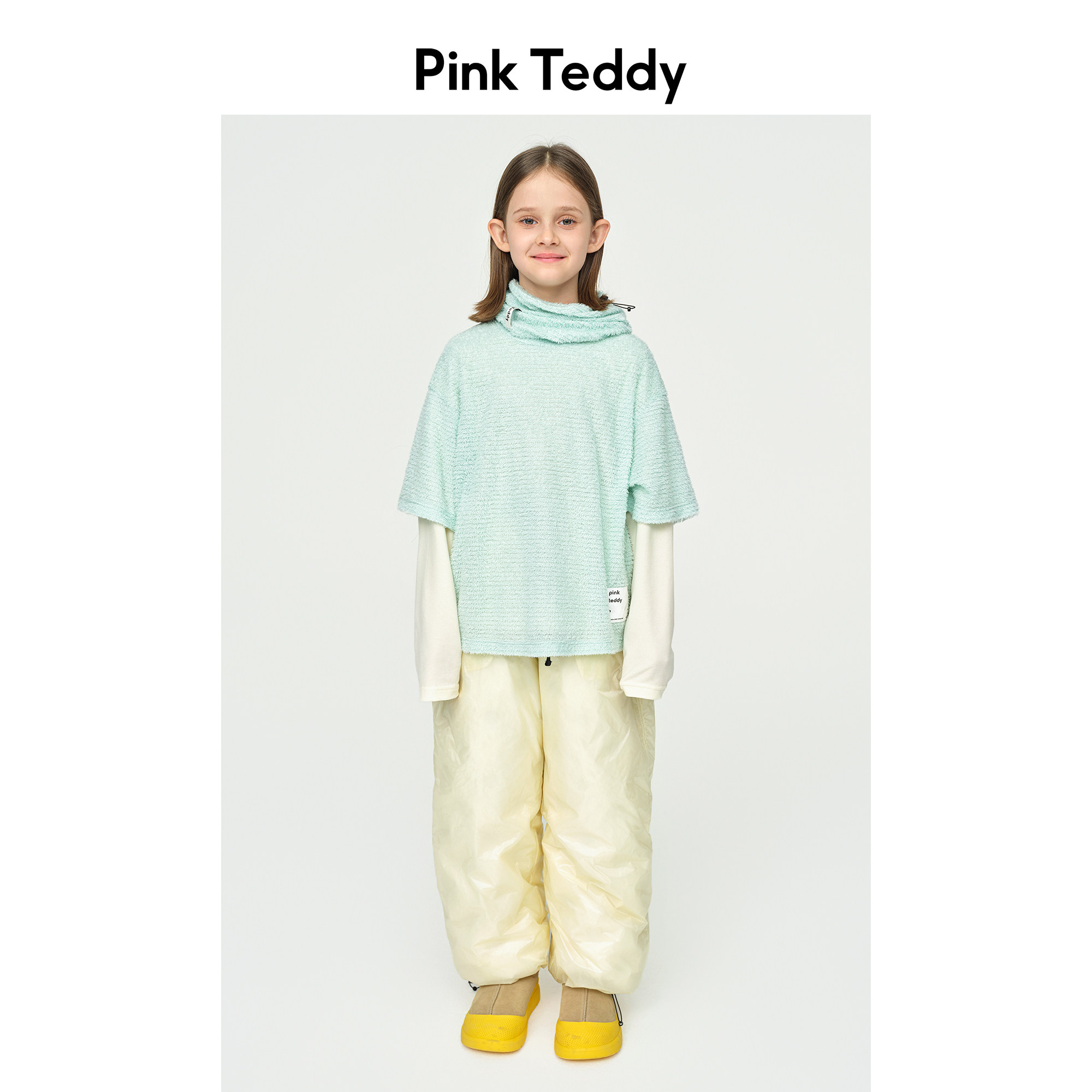 PinkTeddy童装儿童短袖P绒T恤秋冬季女童绿色内搭圆领打底衫