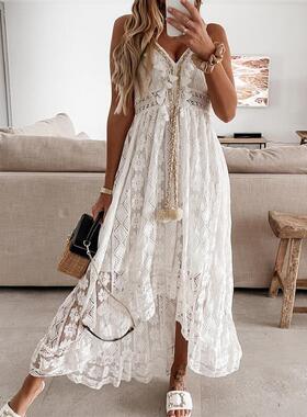 Summer Boho Long Dresses Women Lace V Neck Spaghetti Strap D