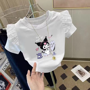 洋氣卡通印花百搭上衣 薄款 100%純棉女童白色花邊短袖 T恤2025夏季