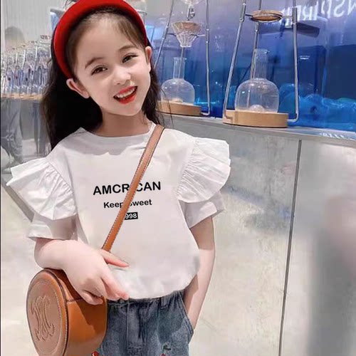 100%纯棉女童圆领花边短袖T恤2026夏季中大儿童宝宝百搭印花上衣
