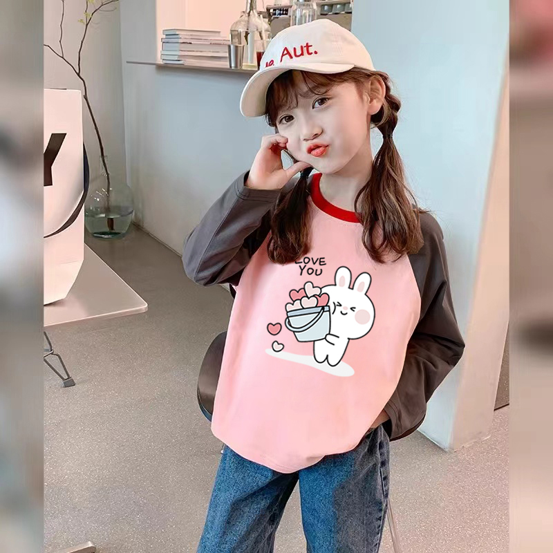 纯棉女童圆领长袖T恤春秋季新款小孩儿童宝宝卡通洋气百搭打底衫