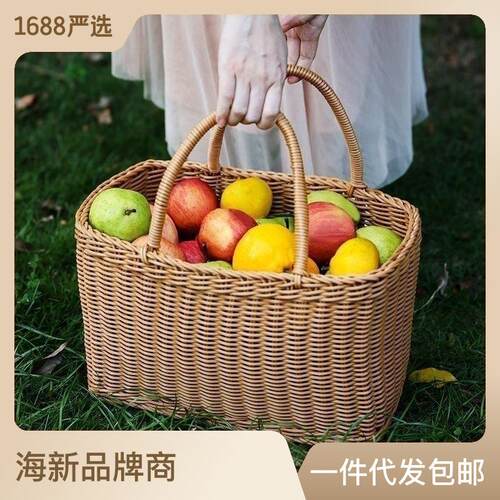 大号手提蓝购物水果篮买菜篮子户外郊游野餐篮仿藤编手提篮