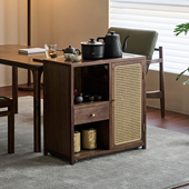 北美黑胡桃茶水柜烧水壶一体实木藤编边几移动茶边柜家用茶几茶台
