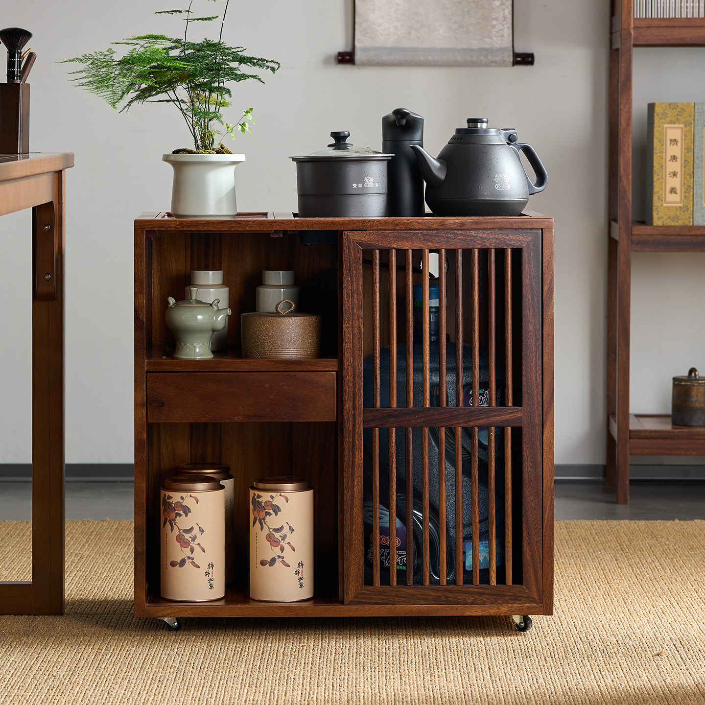 胡桃木茶水柜烧水壶一体茶几