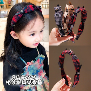 儿童发箍复古毛呢格纹蝴蝶结头箍女童秋冬百搭高级感发卡宝宝发饰
