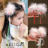 儿童汉服头饰超仙古风流苏对夹女童可爱唯美粉色羽毛花朵飘带发饰