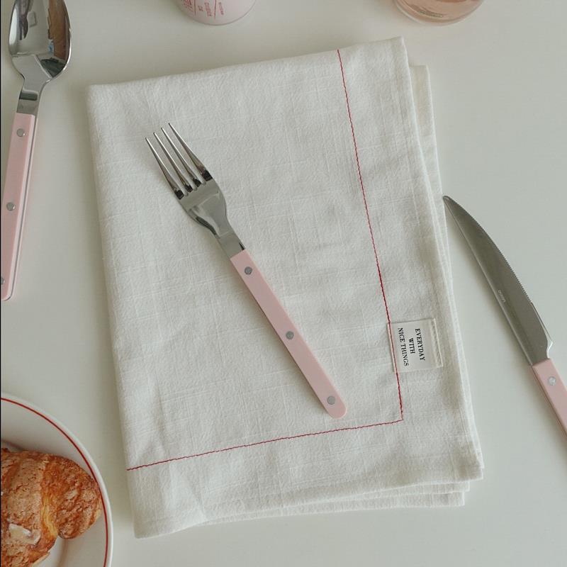 nicethings自制韩ins撞色线棉麻餐巾餐垫 防尘盖布餐布长方形白色