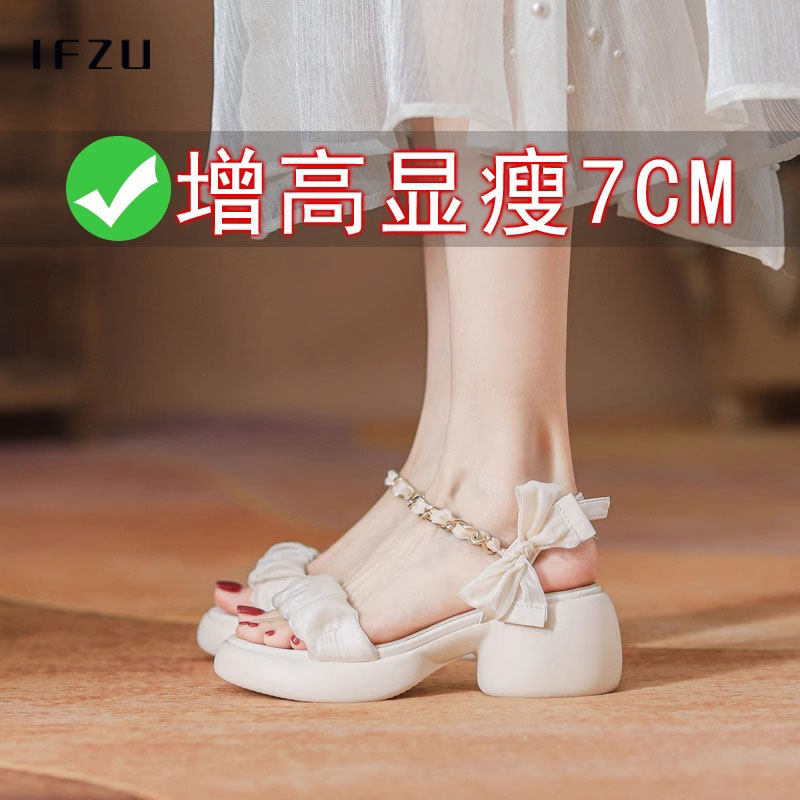 真皮白色高跟凉鞋女夏季2025新款蝴蝶结增高粗跟厚底配裙子沙滩鞋