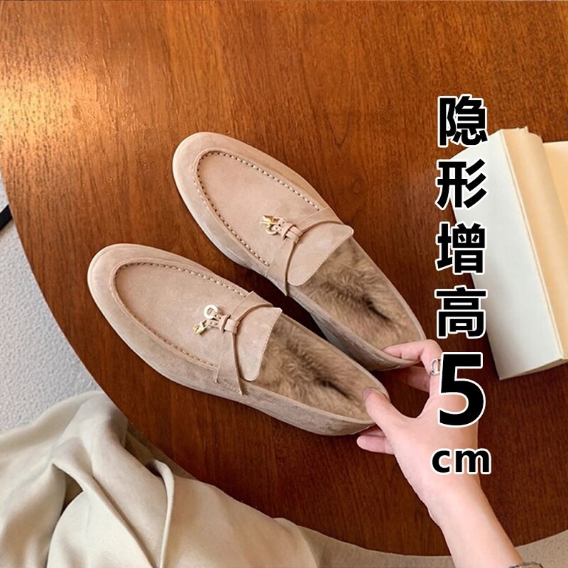 真皮内增高豆豆鞋女秋冬季2025新款复古一脚蹬软底单鞋加绒乐福鞋