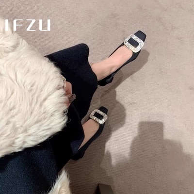 真皮方头粗跟高跟鞋女夏季2025新款水钻方扣平底职业中跟浅口单鞋