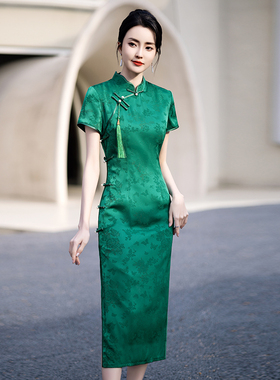 速发新考送考旗袍高考旗0孩子妈妈穿的高贵风2开25中款绿色年轻款