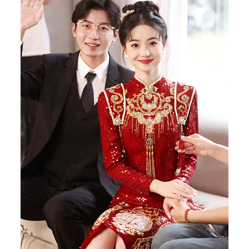 速发亮片敬酒娘新服高级感酒红色中式衣袍订婚礼服连旗裙2024新款