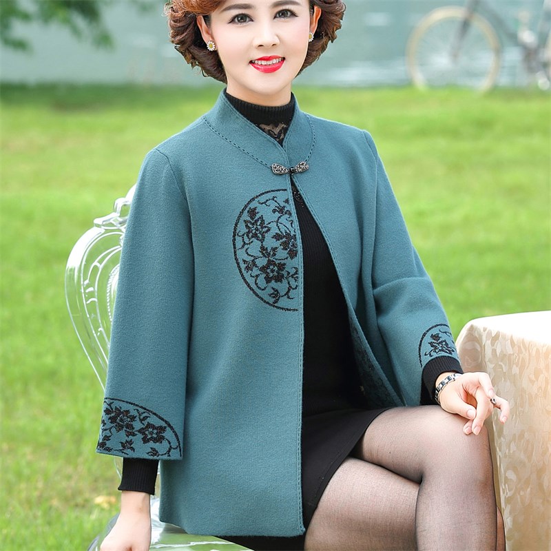 速发妈妈秋装针织衣套40年短款毛衣开衫中老岁春秋洋气国风上外服