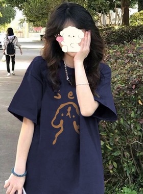 速发美式高街棉蓝色纯正t恤夏宽松ch港味别致藏肩上衣