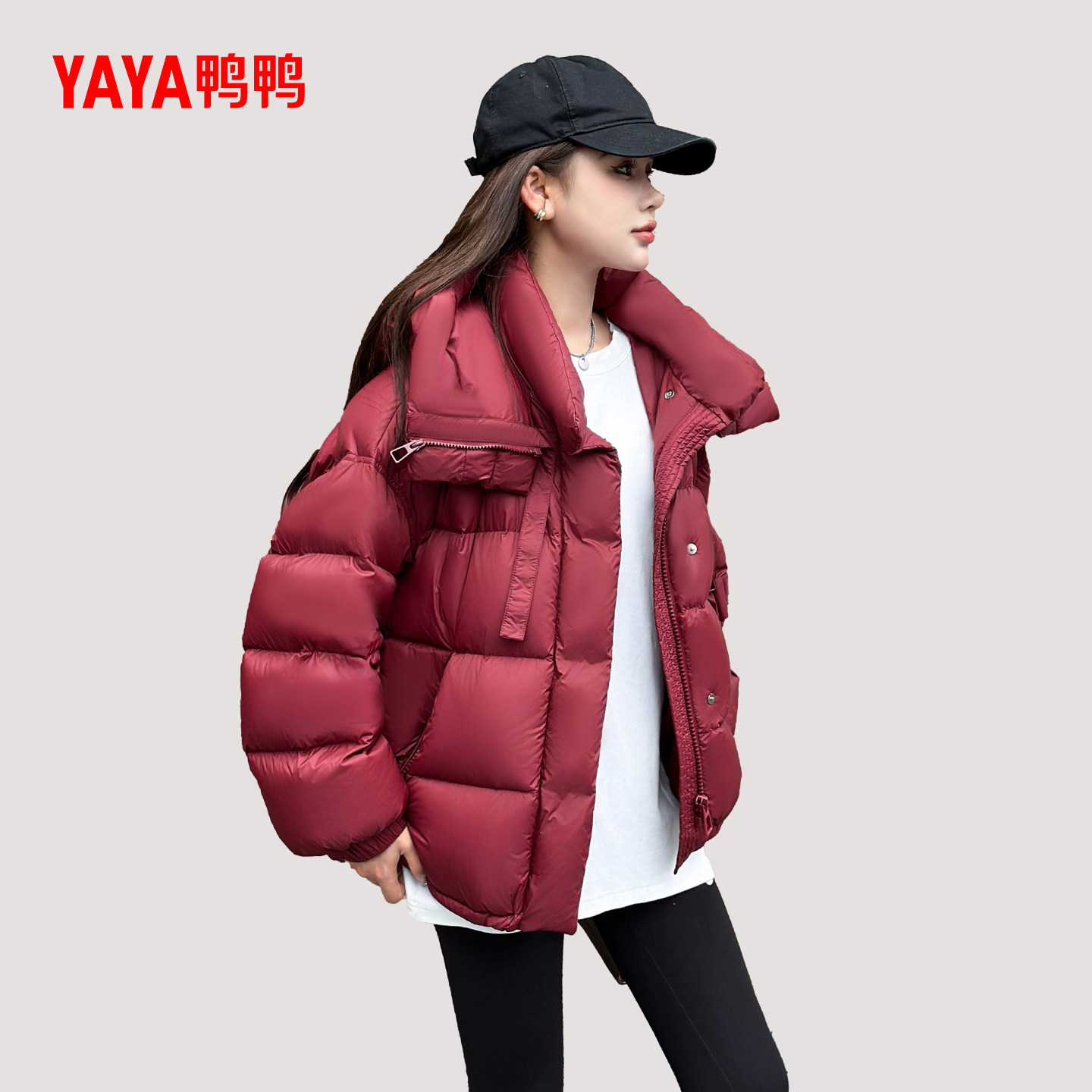 YAYA鸭鸭羽绒服女冬2025新款短款时尚连帽宽松休闲新年装加厚外套