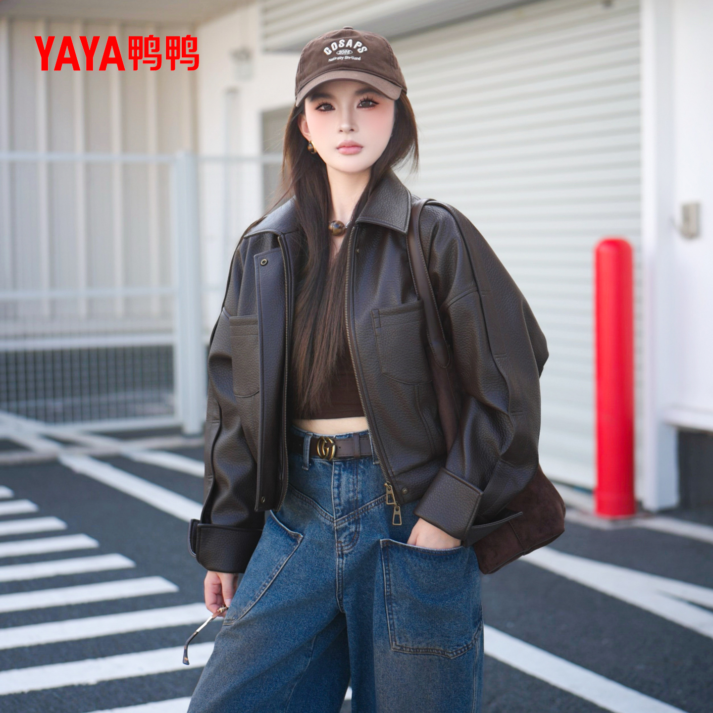 鸭鸭2025秋新款皮羽绒服时尚复古咖啡色皮衣休闲高级感夹克外套女