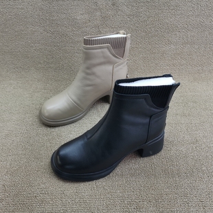 撤柜处理折扣真皮女鞋2023秋新款时尚韩版圆头中跟休闲牛皮女短靴