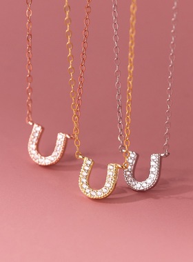 S925纯银满钻马蹄U形项链女ins网红简约小众气质极细锁骨链精致