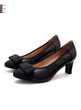 马内尔春季新款女鞋黑色高跟鞋粗跟浅口蝴蝶结工作单鞋G11093