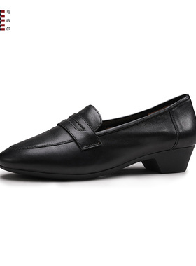 马内尔单鞋女早春新款乐福鞋黑色一脚蹬软底粗跟休闲小皮鞋G15181