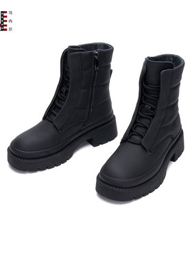 马内尔圆头英伦风厚底马丁靴女黑色系带短靴增高瘦瘦靴机车靴冬季