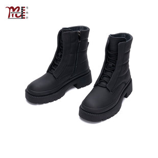 马内尔圆头英伦风厚底马丁靴女黑色系带短靴增高瘦瘦靴机车靴冬季