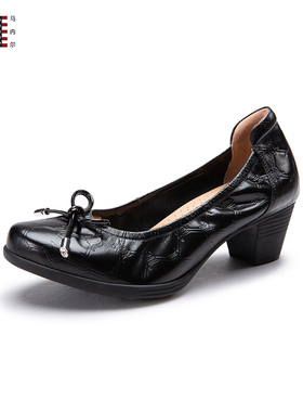 马内尔牛皮单鞋中跟鞋子女夏配裙子的鞋黑色浅口一脚蹬真皮高跟鞋