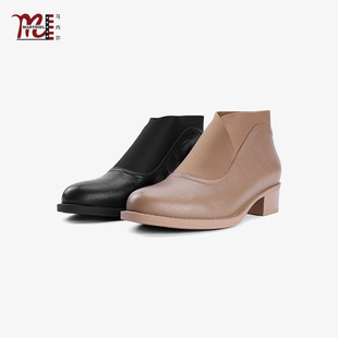 马内尔法式复古真皮粗跟短靴百搭浅口单鞋职业通勤高跟鞋2025新款
