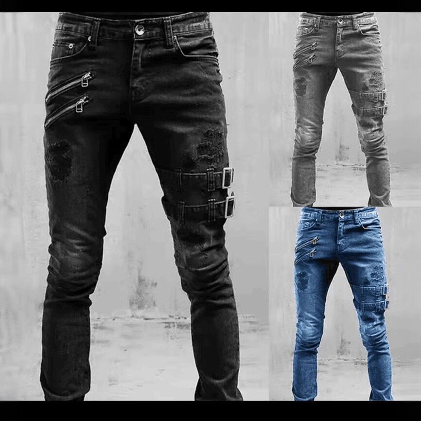 欧美风新款机车个性流行弹力小脚牛仔裤男士jeans for men pants图片