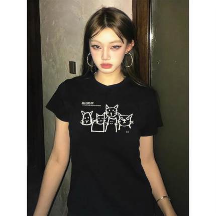 美式黑色正肩短袖t恤女夏季设计感小众修身显瘦微胖辣妹短款上衣