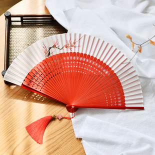 红色中国风舞蹈专用跳舞折扇古风汉服扇子寄明月易开合女式随身