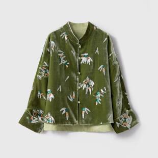 开衫 双面穿 提花挽袖 重工刺绣钉珠真丝丝绒保暖外套 新中式