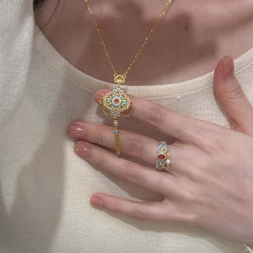 「有凤来仪」有凤来仪项链女仿点翠珐琅彩珍珠红宝石锆石流苏戒指