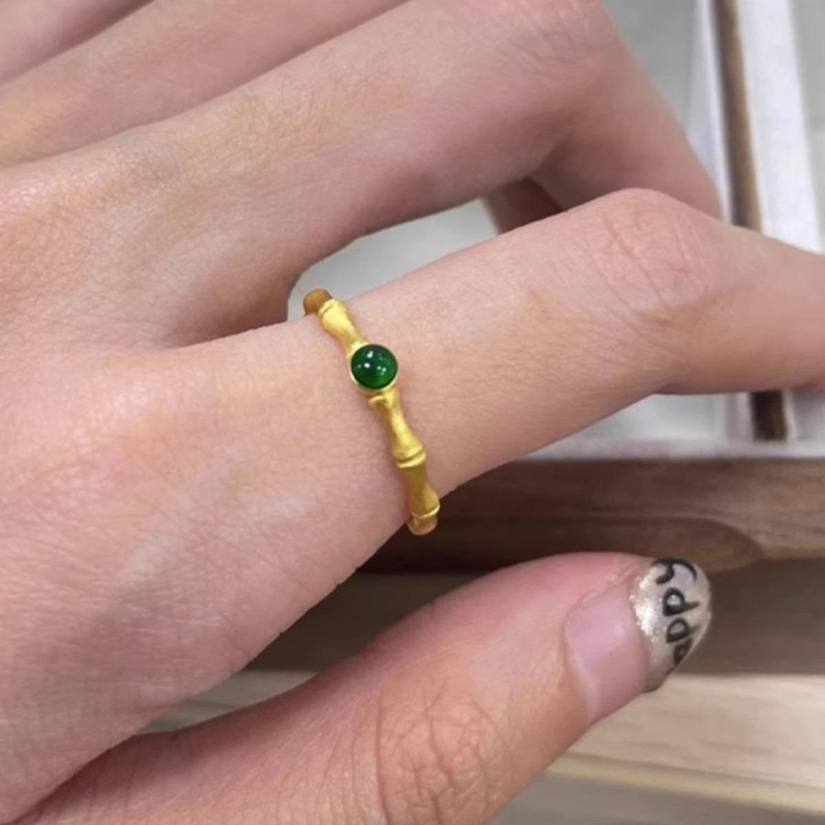 新款黄金色竹节镶嵌戒指女小众简约设计复古戒指生日礼物送女朋友