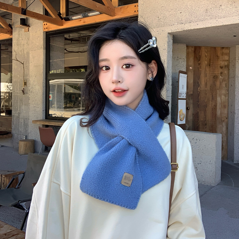 蓝色保暖简约针织小围巾女秋冬季2025新款韩版减龄纯色毛线围脖