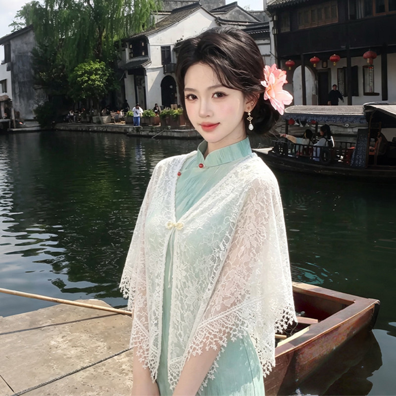 配旗袍披肩女外搭开衫2026新款夏薄款流苏云肩蕾丝新中式外披斗篷