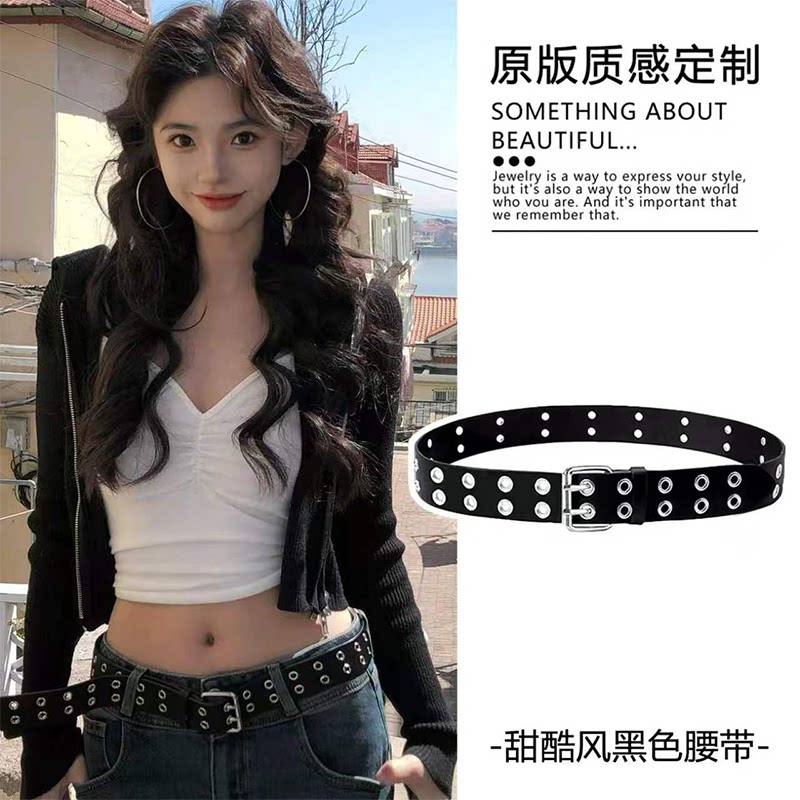 复古高级感黑色腰带女2026新款镂空双排扣皮带y2k辣妹牛仔裤配饰