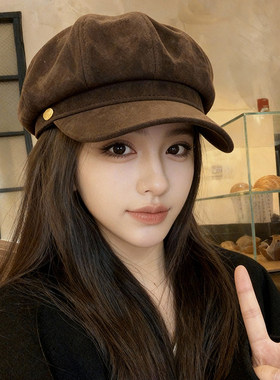 麂皮绒棕色贝雷帽子女2025新款冬大头围八角帽显脸小画家报童帽