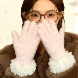 粉色韩系纯色手套女冬季新款毛绒针织加绒加厚防寒保暖分指可触屏