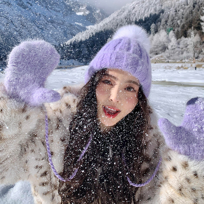 独家定制款！紫色毛绒加厚手套女