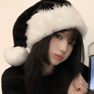 黑色圣诞帽子女款2025新款时尚洋气成人圣诞主题毛绒拍照装扮道具