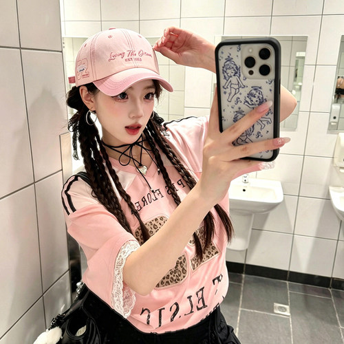 美式复古渐变粉色鸭舌帽女