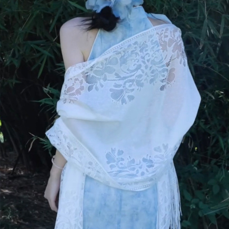 新中式白色流苏旗袍披肩外搭女2026新款夏季防晒蕾丝镂空开衫披风