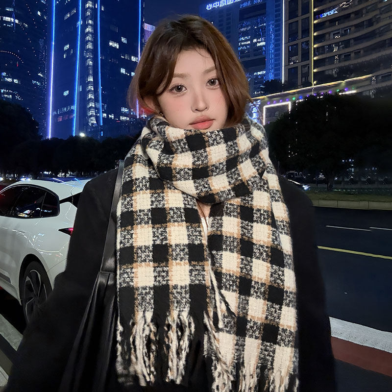 黑白格子围巾女秋冬季2024新款