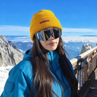 川西旅游登山徒步黄色针织帽子女冬大头围保暖防寒套头冷帽堆堆帽